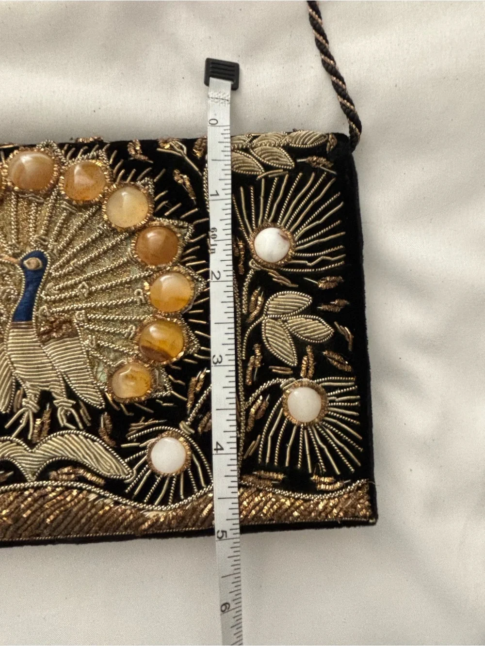 Embroidered Black Velvet Peacock Shoulder Bag/Clutch w/Accent Stones, VGUC